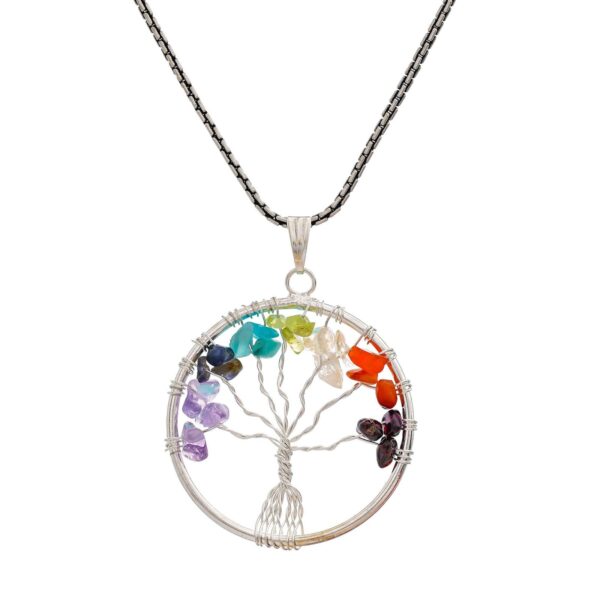 7 Chakra Pendant Tree of Life Crystal Stone Pendant Locket with Metal Chain for  Healing Crystal Healing Gemstone Size 35-40 mm clear quarts7 chakra