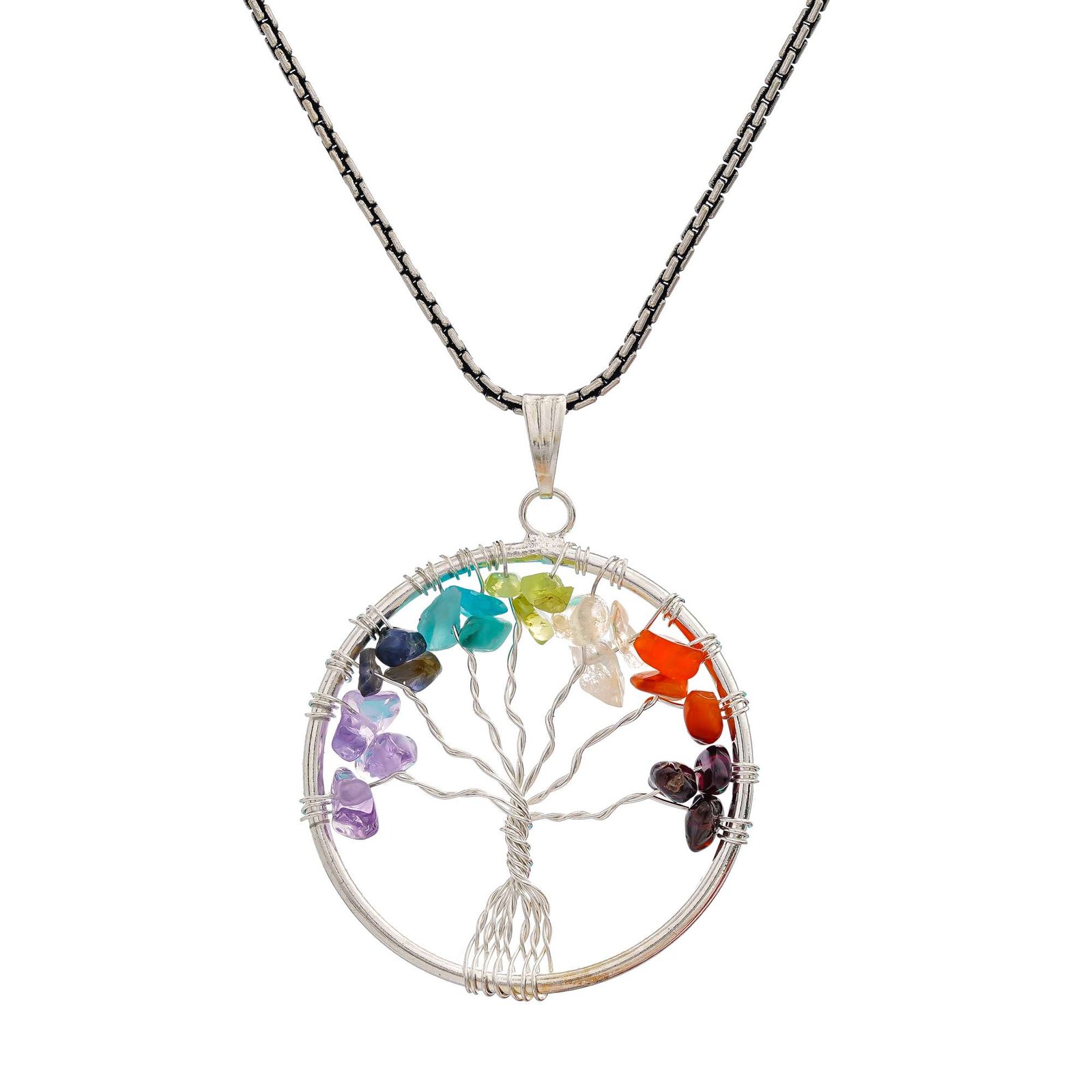 7 Chakra Pendant Tree of Life Crystal Stone Pendant Locket with Metal Chain for  Healing Crystal Healing Gemstone Size 35-40 mm clear quarts7 chakra