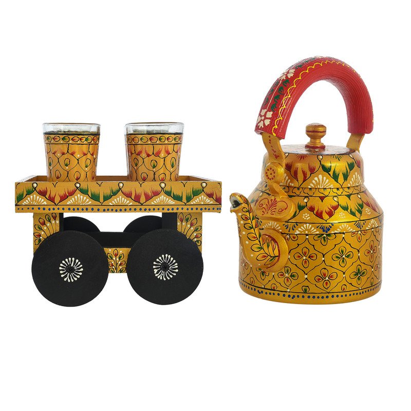 HandPainted Alluminium  Tea Kettle with Four Glasses and Wooden Tray For Home Décor , Tea Party , Serving - Image 5