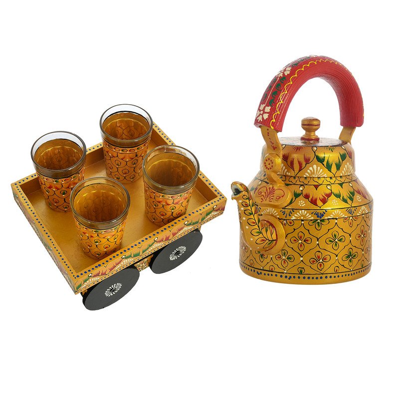 HandPainted Alluminium  Tea Kettle with Four Glasses and Wooden Tray For Home Décor , Tea Party , Serving