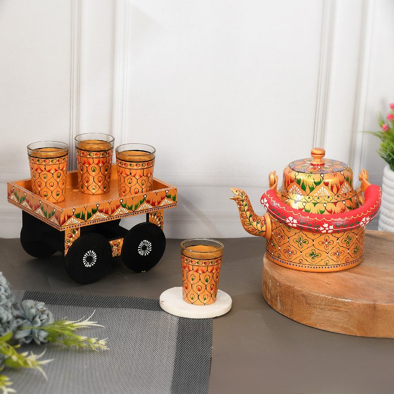 HandPainted Alluminium  Tea Kettle with Four Glasses and Wooden Tray For Home Décor , Tea Party , Serving - Image 4