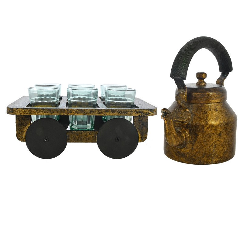 HandPainted Alluminium  Tea Kettle with 6 Glasses and Wooden Tray For Home Décor , Tea Party , Serving - Image 6