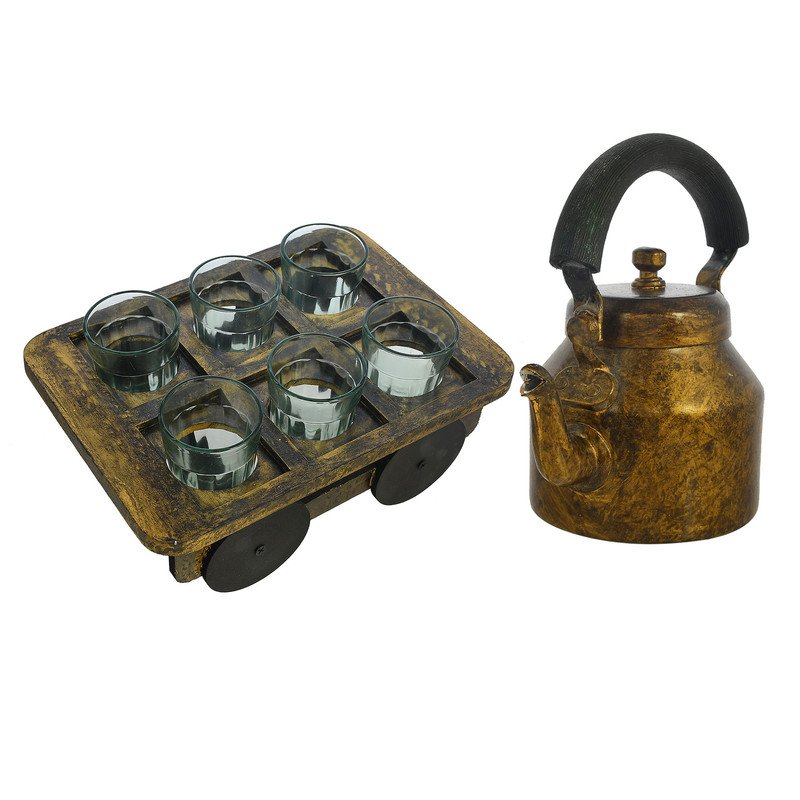 HandPainted Alluminium  Tea Kettle with 6 Glasses and Wooden Tray For Home Décor , Tea Party , Serving - Image 2