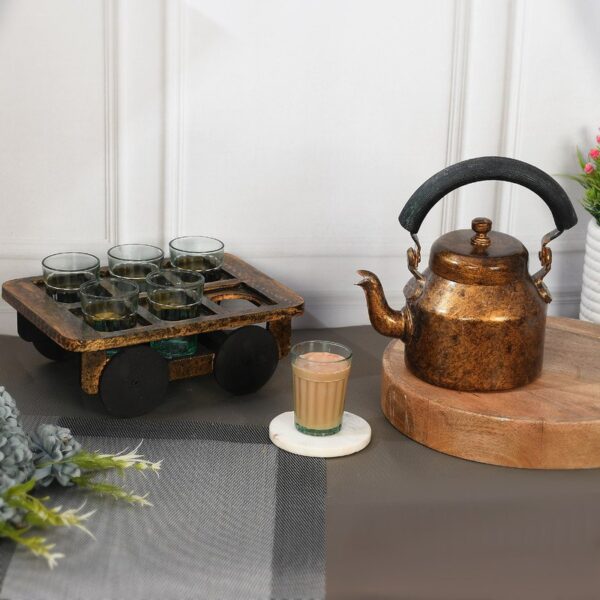 HandPainted Alluminium  Tea Kettle with 6 Glasses and Wooden Tray For Home Décor , Tea Party , Serving