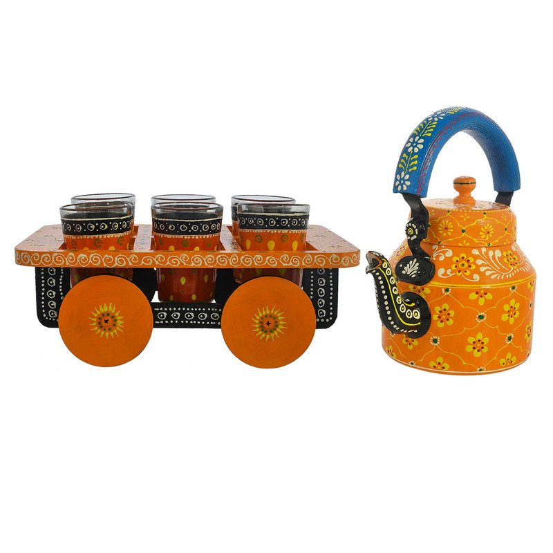 HandPainted Alluminium  Tea Kettle with 6 Glasses and Wooden Tray For Home Décor , Tea Party , Serving - Image 5