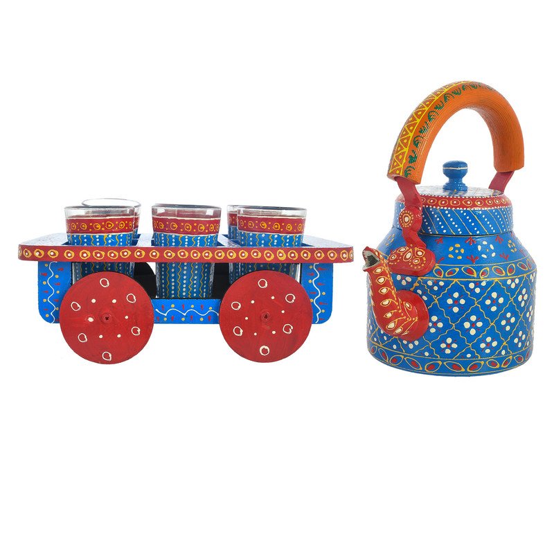 HandPainted Alluminium  Tea Kettle with 6 Glasses and Wooden Tray For Home Décor , Tea Party , Serving - Image 6