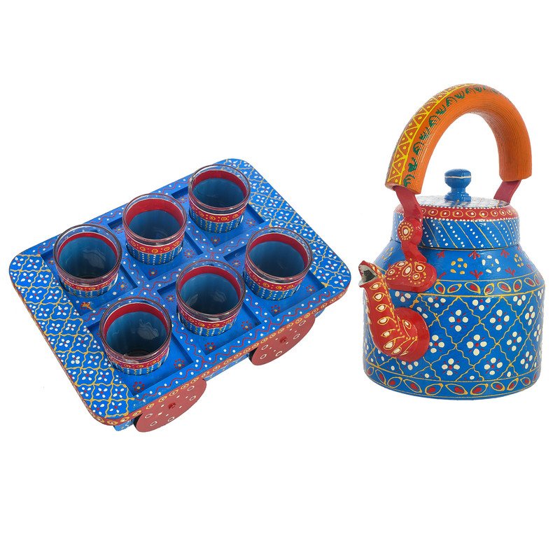 HandPainted Alluminium  Tea Kettle with 6 Glasses and Wooden Tray For Home Décor , Tea Party , Serving - Image 2