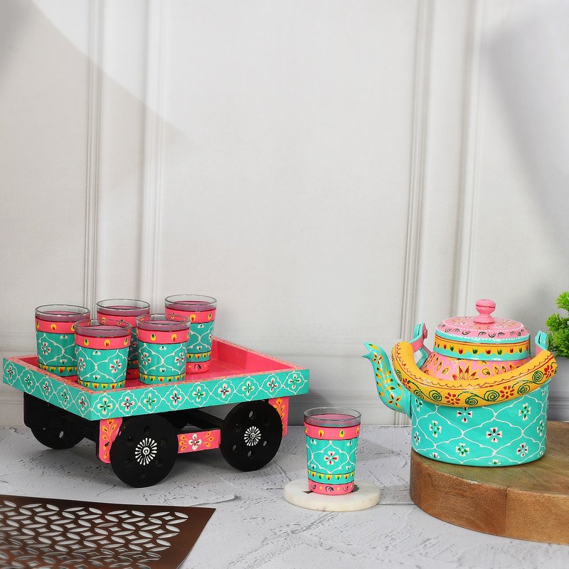 HandPainted Alluminium  Tea Kettle with 6 Glasses and Wooden Tray For Home Décor , Tea Party , Serving