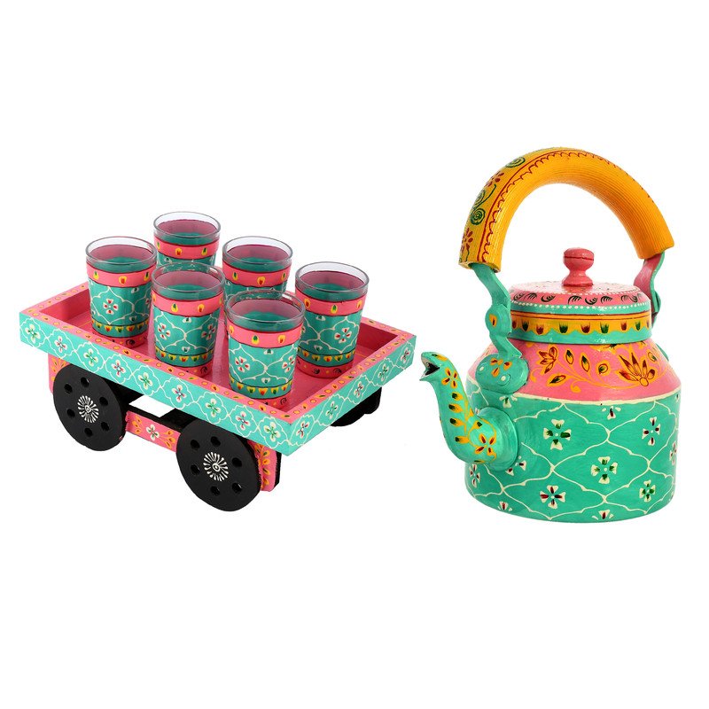 HandPainted Alluminium  Tea Kettle with 6 Glasses and Wooden Tray For Home Décor , Tea Party , Serving - Image 5
