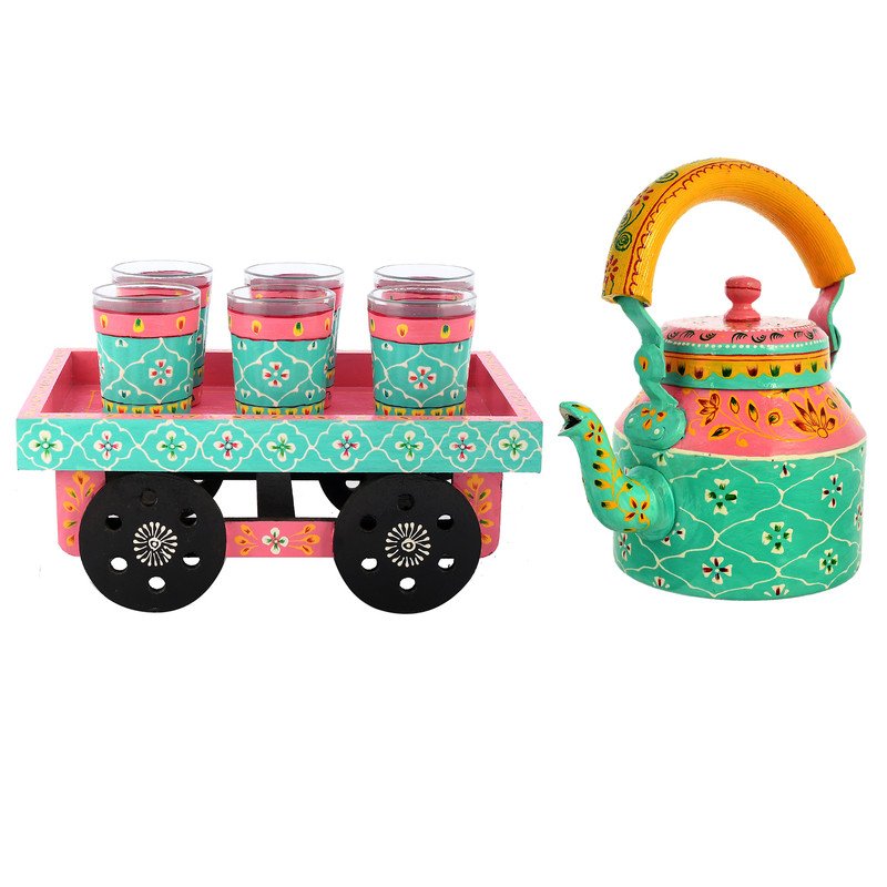HandPainted Alluminium  Tea Kettle with 6 Glasses and Wooden Tray For Home Décor , Tea Party , Serving - Image 2