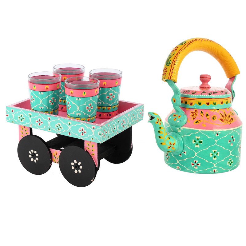 HandPainted Alluminium  Tea Kettle with Four Glasses and Wooden Tray For Home Décor , Tea Party , Serving - Image 2