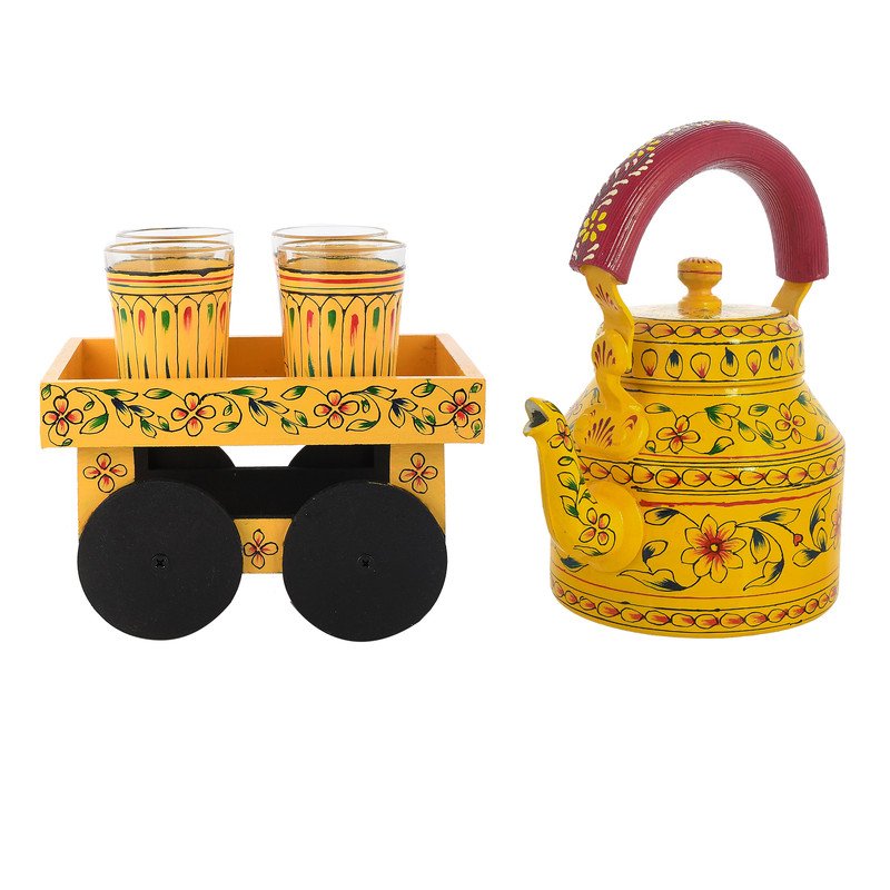 HandPainted Alluminium  Tea Kettle with Four Glasses and Wooden Tray For Home Décor , Tea Party , Serving - Image 6