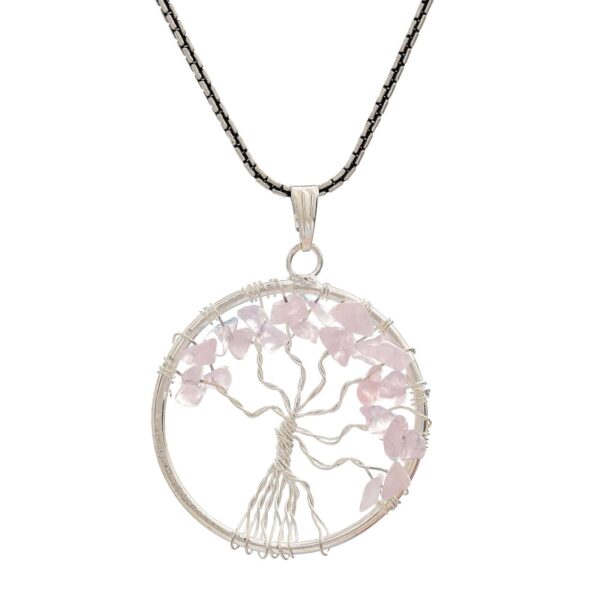 Rose Quartz Pendant Tree of Life Crystal Stone Pendant Locket with Metal Chain for  Healing Crystal Healing Gemstone Size 35-40 mm rose quarts