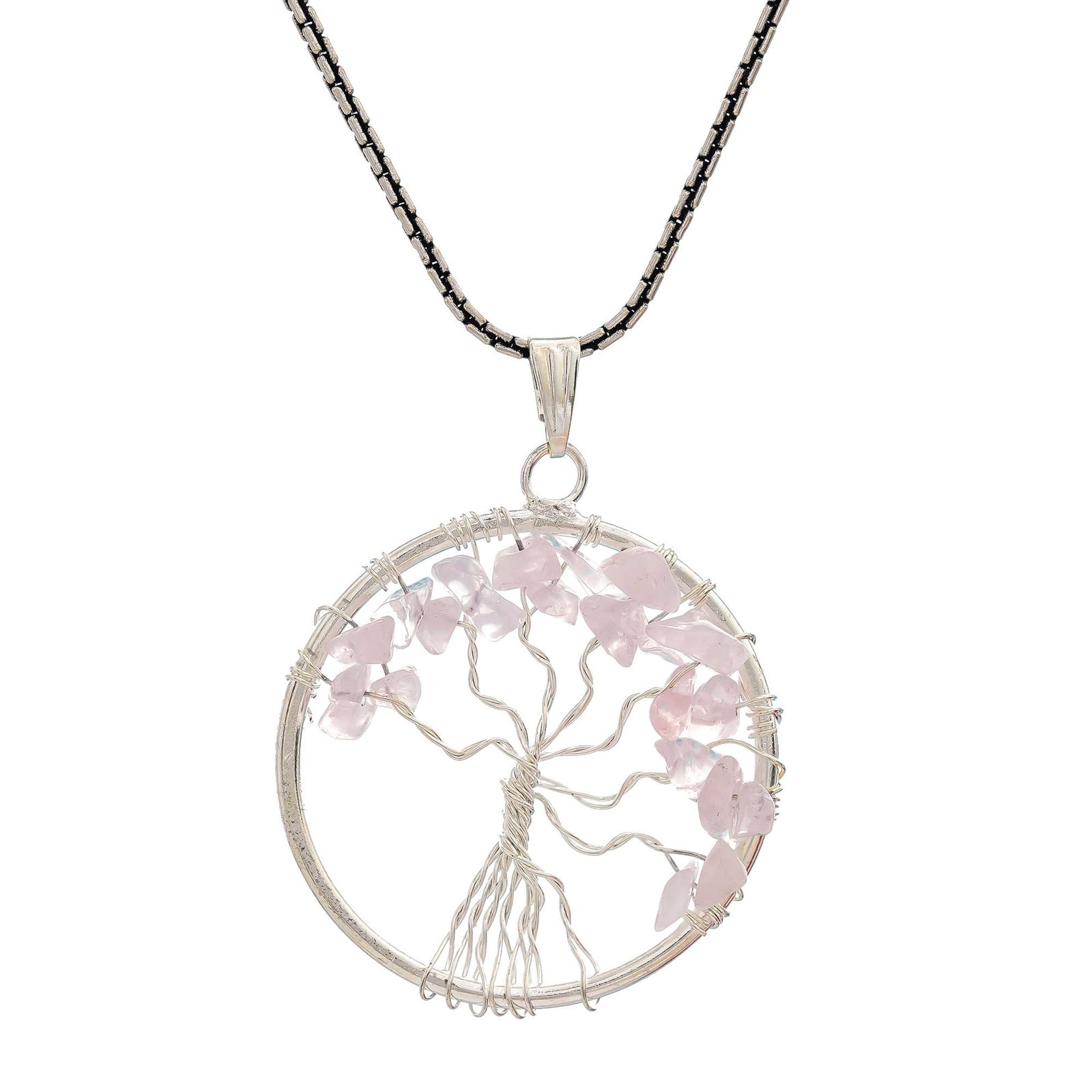 Rose Quartz Pendant Tree of Life Crystal Stone Pendant Locket with Metal Chain for  Healing Crystal Healing Gemstone Size 35-40 mm rose quarts