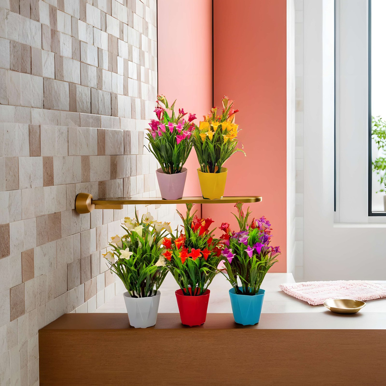 RANI'S CRAFTS Plastic Small Mini Set Of 5 Artificial Plant With Pot Artificial Potted Plants Set Of 5 Home Decor Indoor Small Plants Pot Flowers For Table Desk Decoration (RV-AP4) - Image 2