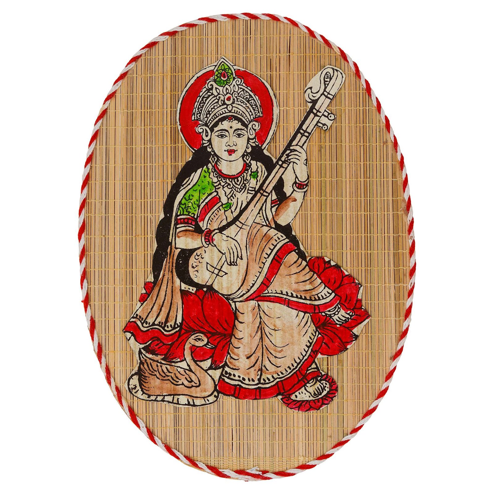 Oval Shaped Design Bamboo Hand Crafted Wall Hangings Of Godess Sarwasti Ji For Home D?cor - Image 3