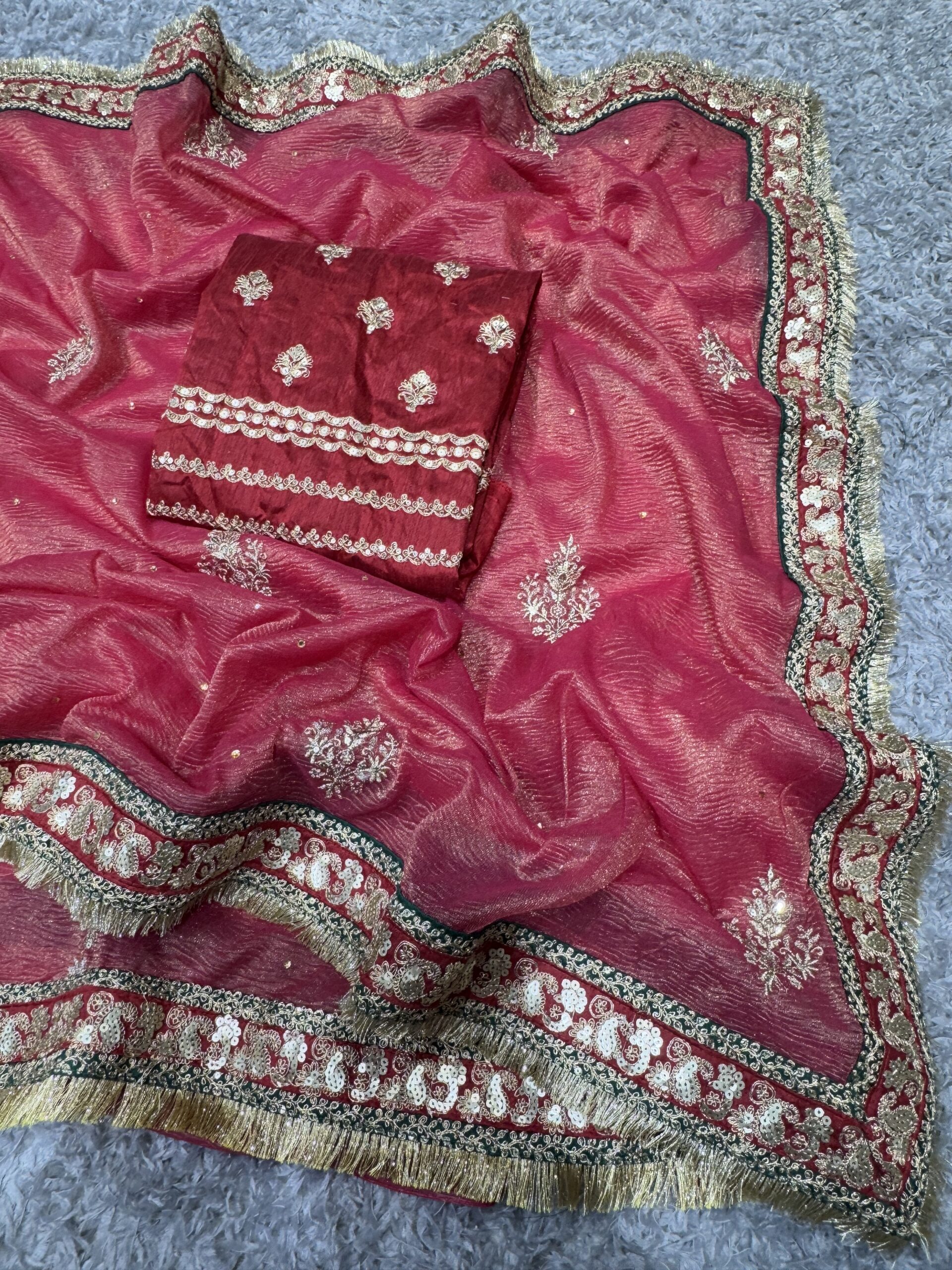 Women's Radiant Rani Pink Banarasi Crush Saree with Gota Patti & Sequin Embellished Border – Complete with Heavily Worked Blouse for Festive & Wedding Wear - Image 7