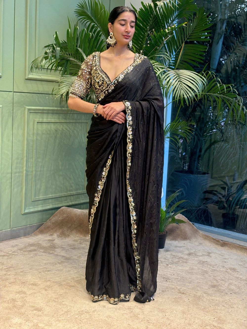 Women's Elegant Black Georgette/Chiffon Saree with Intricate Gold & Silver Embellished Border – Paired with Heavy Sequin & Zari Work Blouse for Festive & Wedding Wear - Image 4