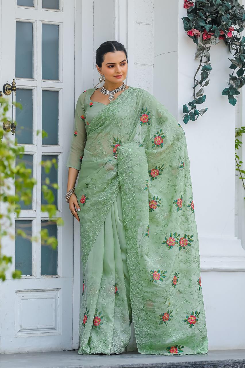 Women's Elegant Sage Green Georgette Saree with Delicate Floral Embroidery & Sequin Work – Perfect for Summer Festivities & Day Events - Image 7