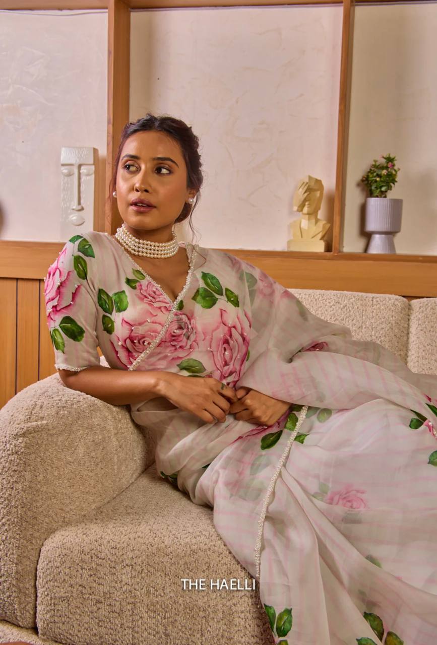 Women's Elegant White Organza Saree with Hand-Painted Pink Rose Floral Print – Complete with Matching Blouse for Day & Festive Wear - Image 6