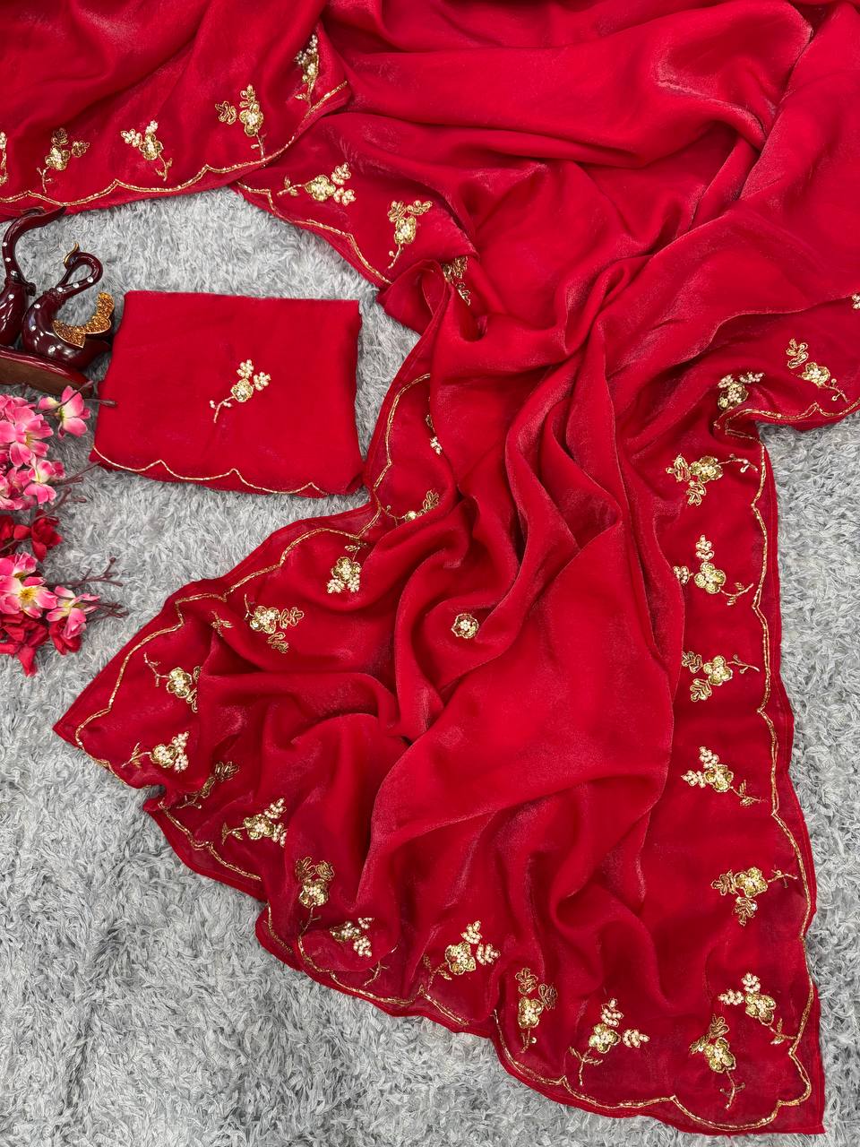 Women's Radiant Red Pure Organza Saree with Intricate Gold Zari, Sequin & Pearl Work - Ideal for Festive & Wedding Occasions - Image 6