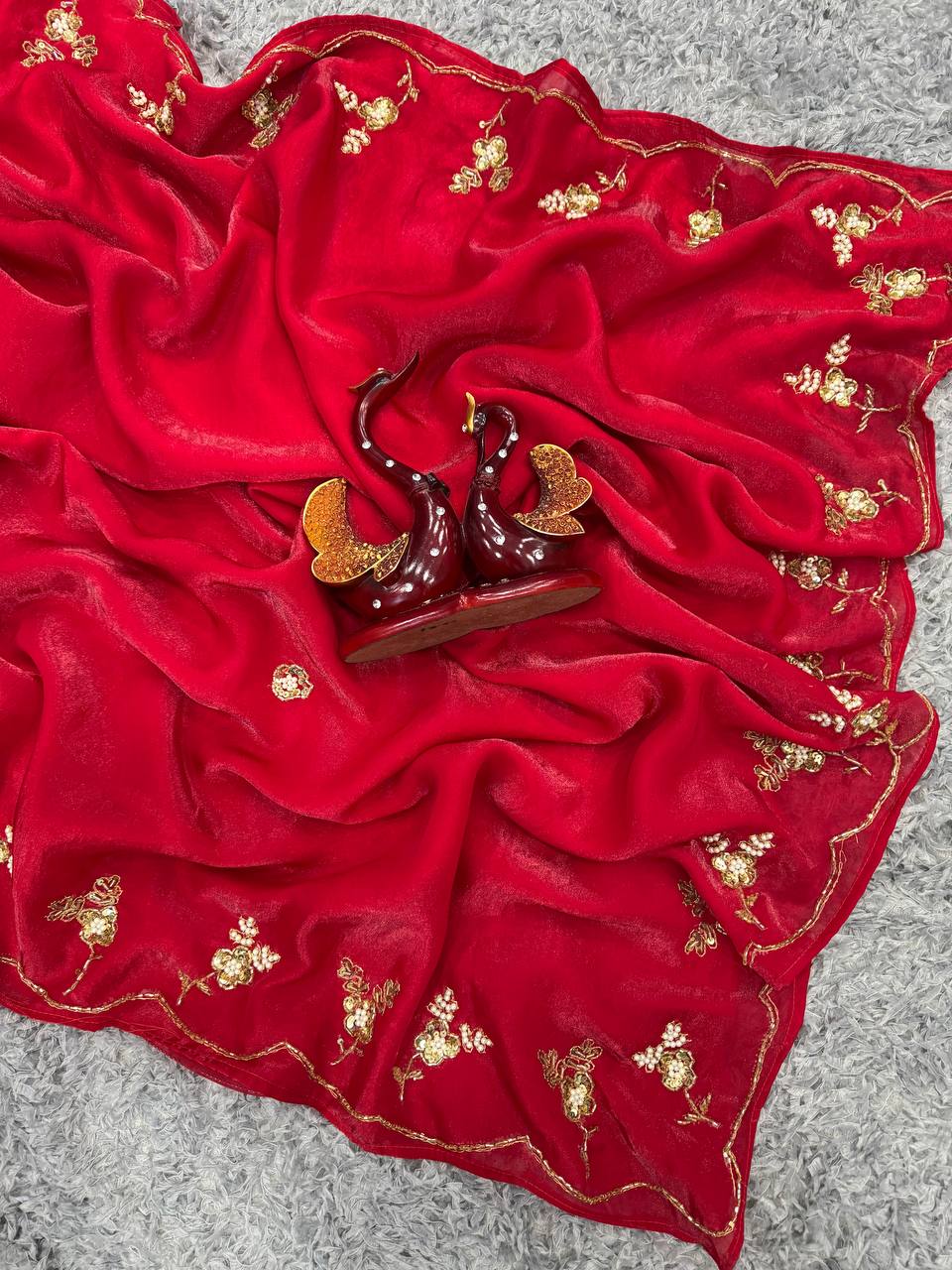 Women's Radiant Red Pure Organza Saree with Intricate Gold Zari, Sequin & Pearl Work - Ideal for Festive & Wedding Occasions - Image 2