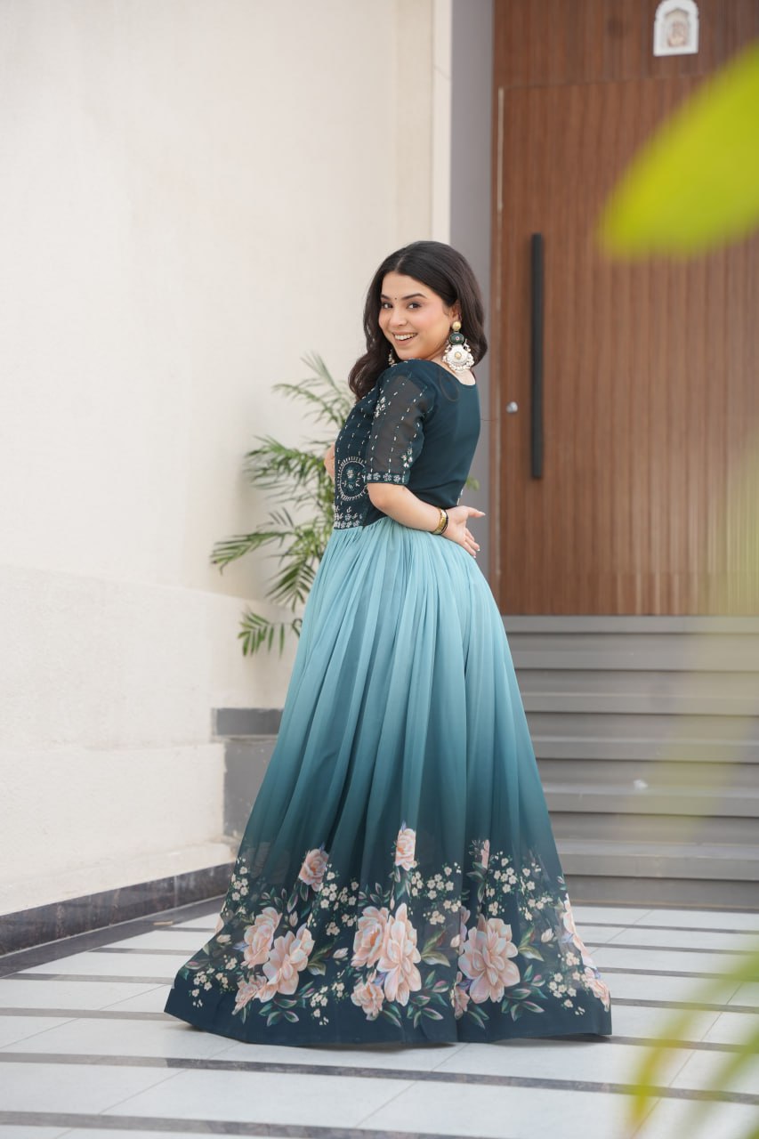 Women's Elegant Teal & Aqua Ombre Gown with Floral Printed Flair & Embellished Bodice – Perfect for Summer Festivities & Parties - Image 7