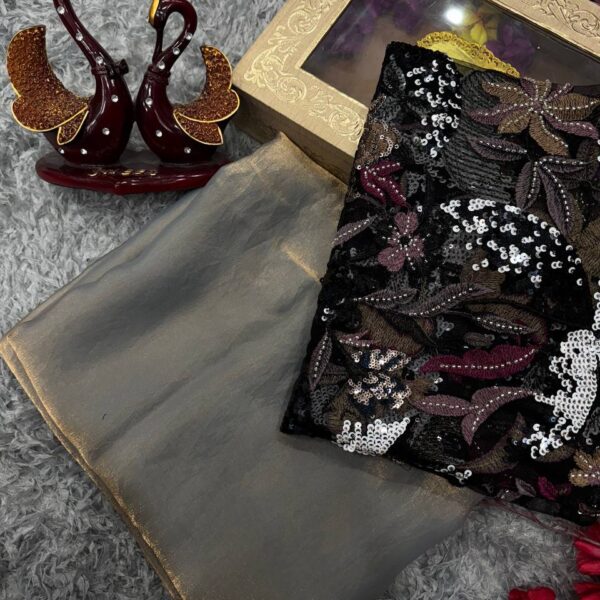 Women's Luxurious Shimmering Grey Organza Saree with Intricately Embroidered Blouse - Perfect for Festive & Evening Wear