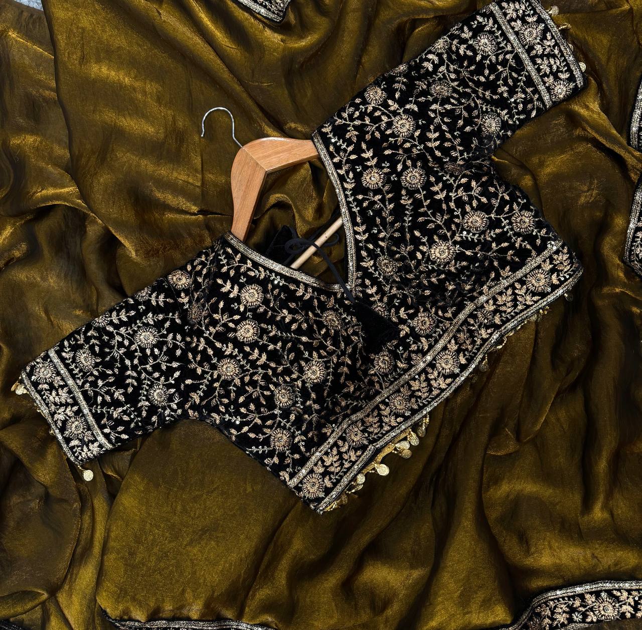 Women's Luxe Olive-Gold Silk Saree with Heavily Embellished Blouse & Border – Ideal for Evening, Wedding & Reception Wear - Image 10