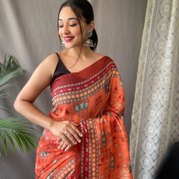 Women's Artistic Terracotta Orange Linen Saree with Kalamkari Inspired Print & Tassel Detailing – Perfect for Casual Festivities & Cultural Events