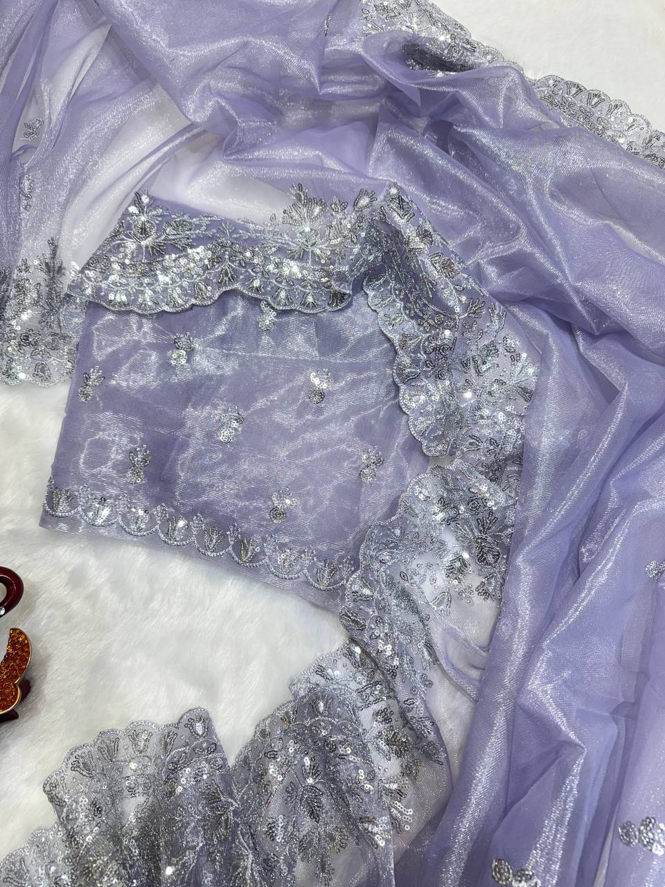 Women's Dreamy Lavender Twill Net Saree with All-Over Silver Sequin & Thread Embroidery – Complete with Heavily Worked Border for Festive & Wedding Wear - Image 5