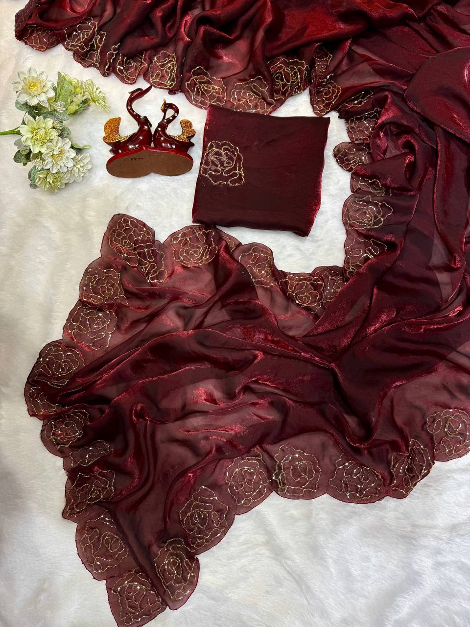 Women's Luxurious Maroon Shimmer Saree with Intricate Gold Zari/Threadwork & Scalloped Border – Complete with Blouse Piece for Festive & Wedding Wear - Image 6