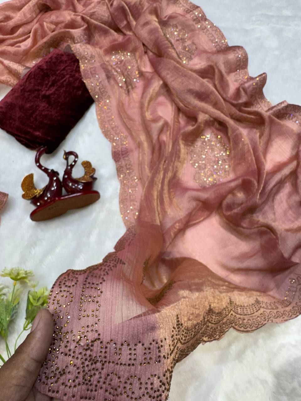 Women's Glamorous Rose Gold Shimmer Saree with All-Over Diamond & Sequin Embellishments – Paired with Luxurious Maroon Velvet Blouse for Festive & Wedding Wear - Image 3