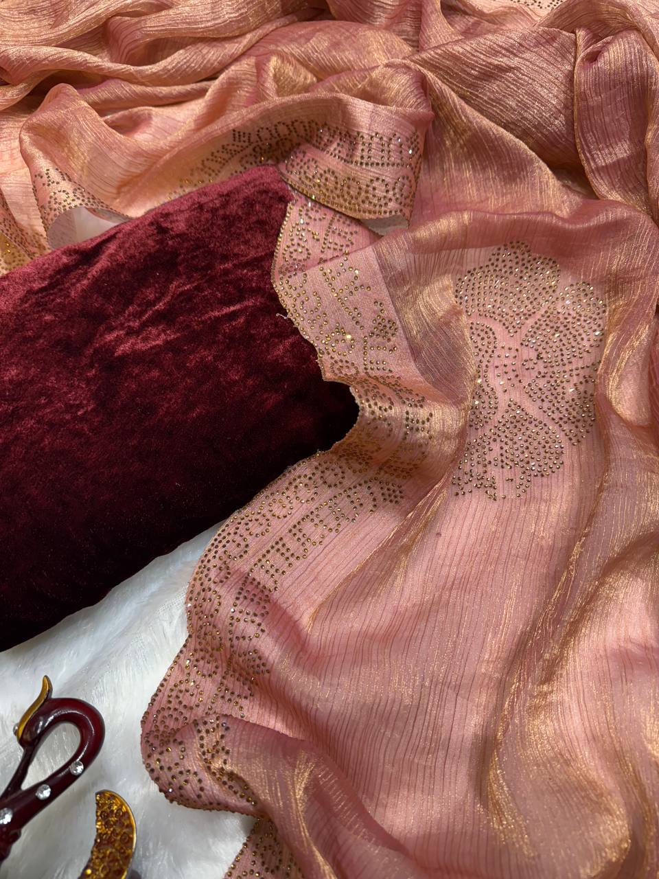 Women's Glamorous Rose Gold Shimmer Saree with All-Over Diamond & Sequin Embellishments – Paired with Luxurious Maroon Velvet Blouse for Festive & Wedding Wear - Image 4