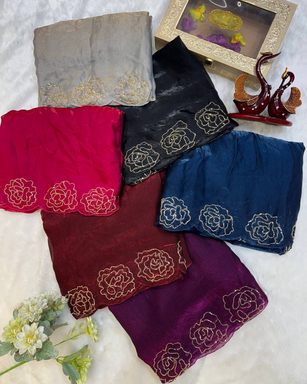 Women's Pure Soft Fendy Satin Saree with Full Floral Handwork Design & Running Blouse Piece – Available in Multiple Colors for Festive & Casual Wear