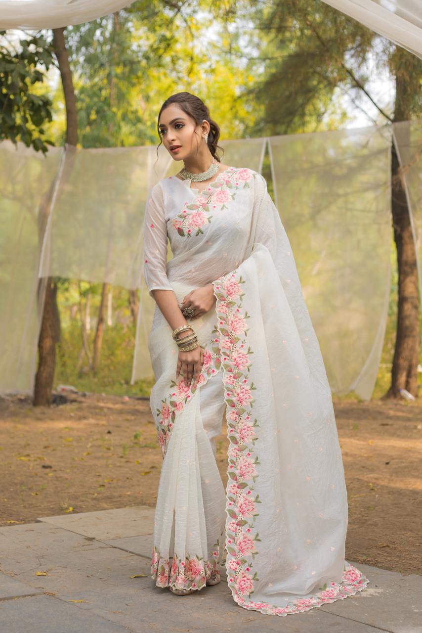 Women's Pristine White Organza Saree with Exquisite Pink & Green Floral Thread Embroidery – Complete with Matching Embroidered Blouse for Festive & Summer Wear - Image 5